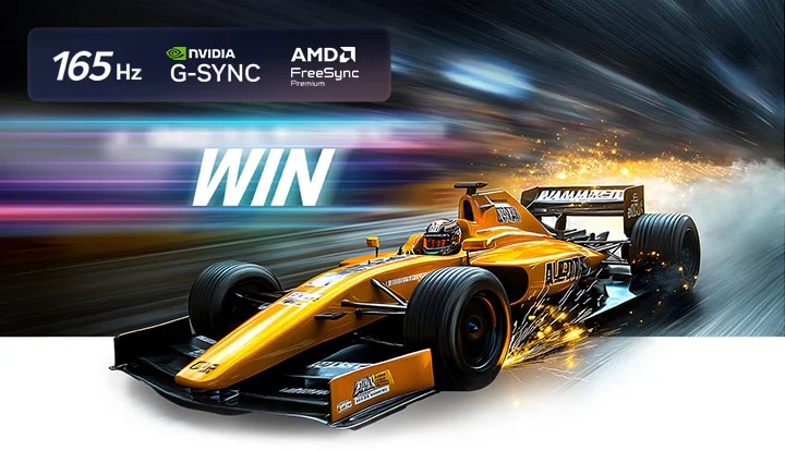 4K 165Hz 기반의 압도적인 게임 플레이를 보여주며, 노란색 오픈휠 레이싱카가 질주하는 고속 레이싱 게임 화면에 커다란 'WIN' 문구가 나타나는 이미지입니다. 화면 상단에는 NVIDIA G-SYNC와 AMD FreeSync Premium 로고가 함께 표시됩니다.